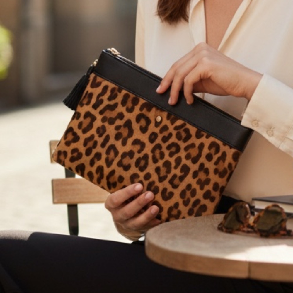 J.Crew Leopard Print Medium Clutch – Faux Calf Hair & Black Leather Trim 8" x 5"